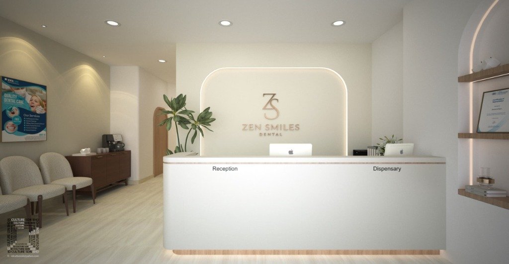 Elegant front desk and reception area of Zen Smiles Dental clinic, showing warm lighting and premium minimalist design.
