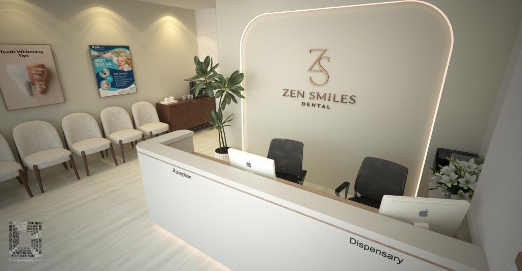Side angle view of Zen Smiles Dental clinic reception counter and comfortable patient seating area.