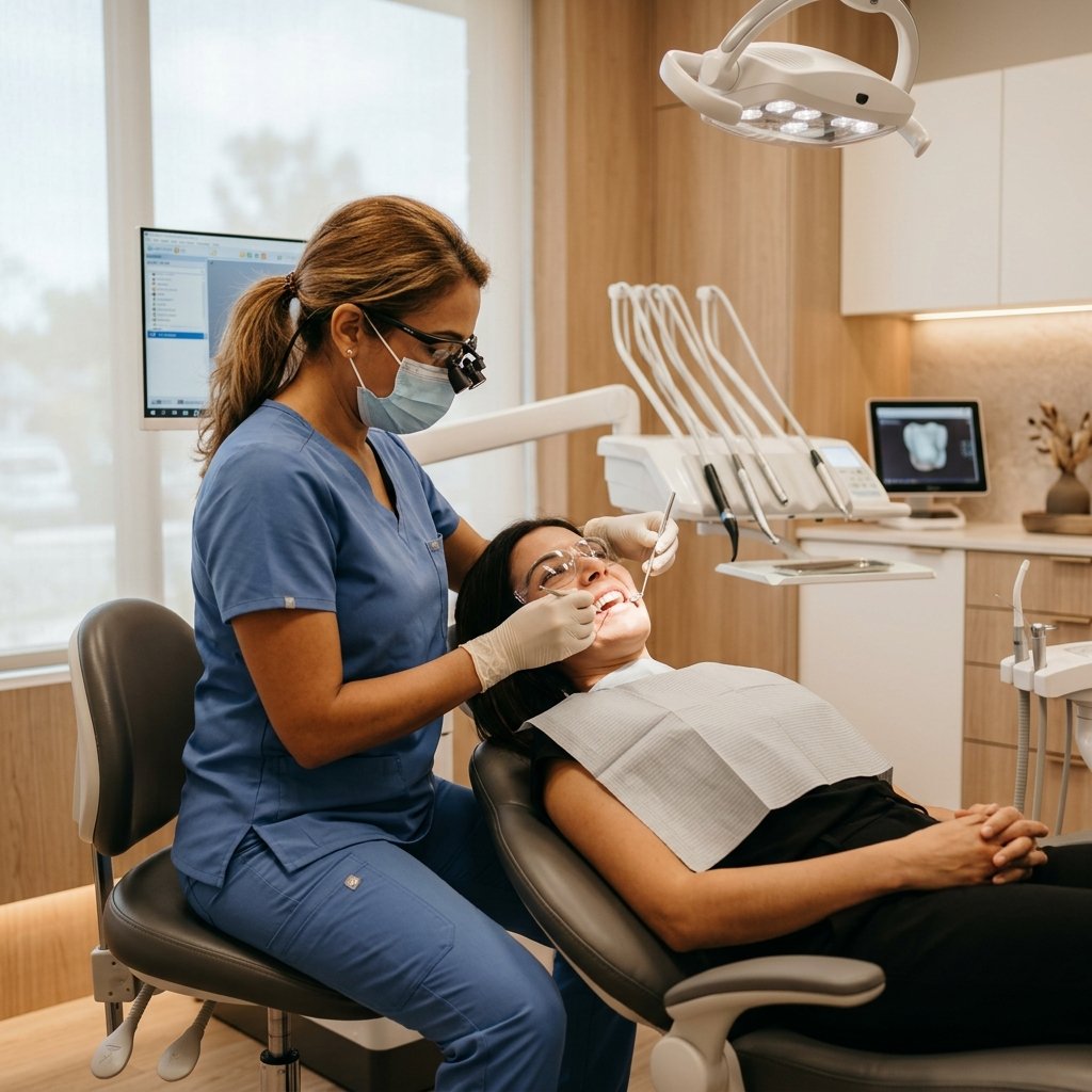 Dentist conducting a gentle and thorough teeth scaling and polishing.