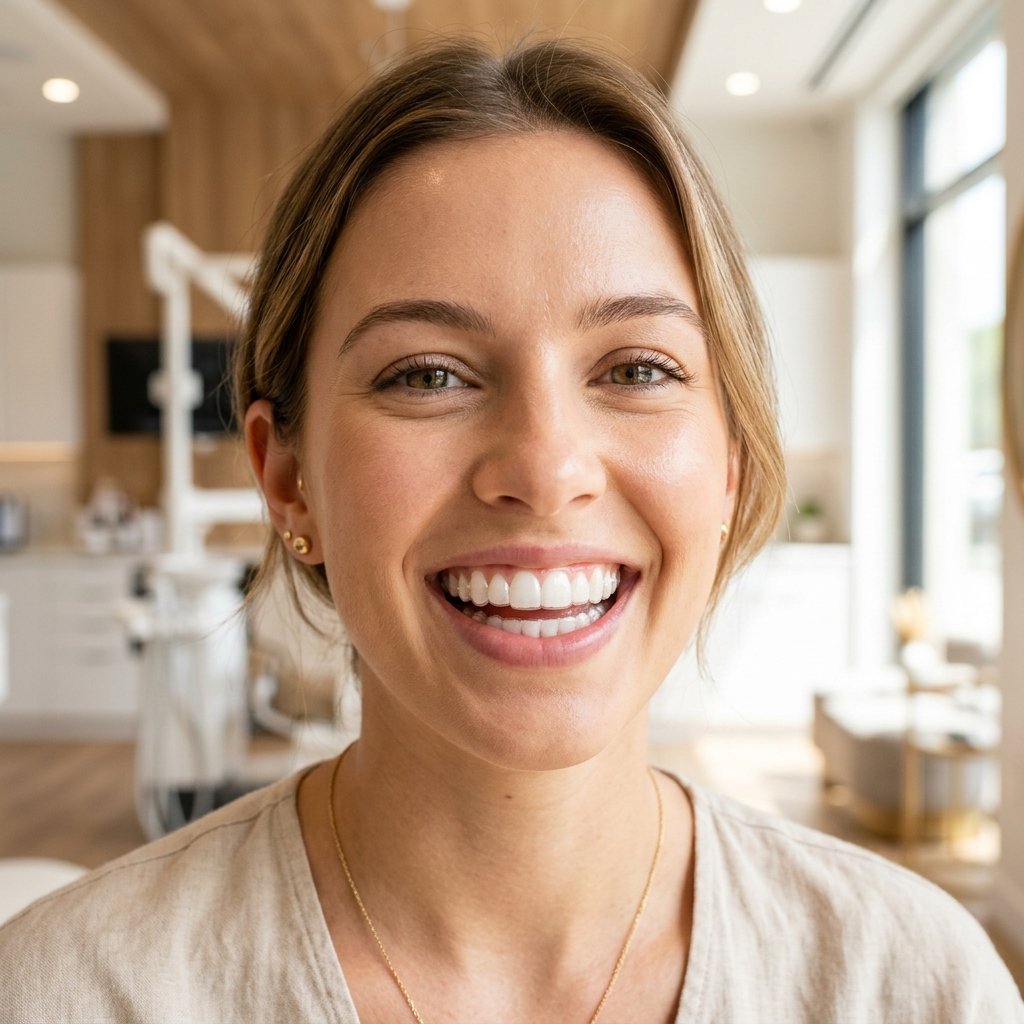 Close-up of a young woman's radiant smile showing off straight teeth with Invisalign clear aligners.